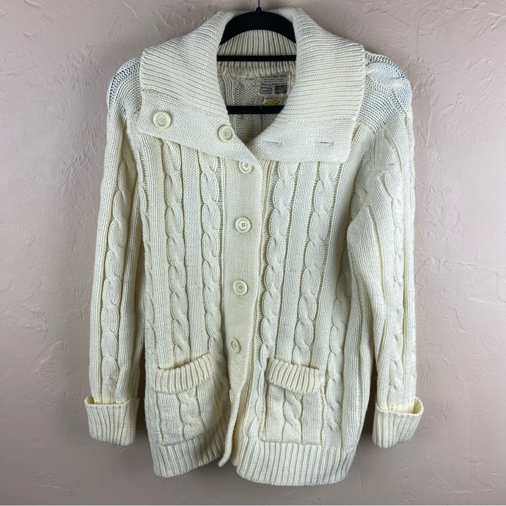 Vintage Sears Cream Ivory Cable Knit Cardigan Sweater Pockets Collar Large